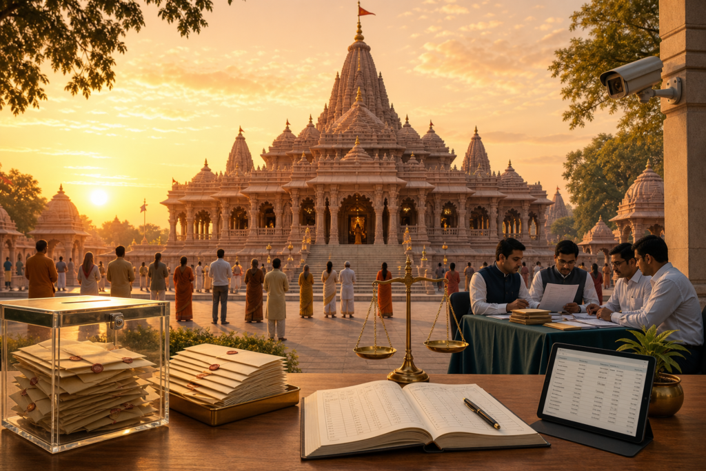 Ayodhya-inspired Hindu temple at sunrise with donation records and accountability symbols
