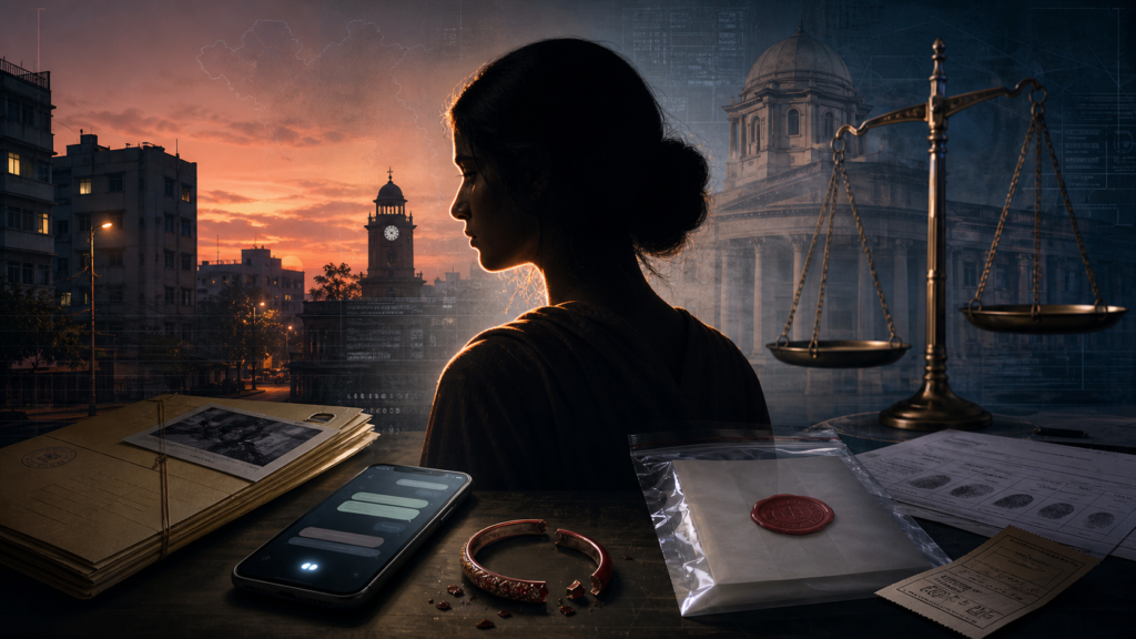 Anonymous woman silhouette with courthouse, justice scales and evidence symbols in a somber Rajkot women’s safety case illustration.