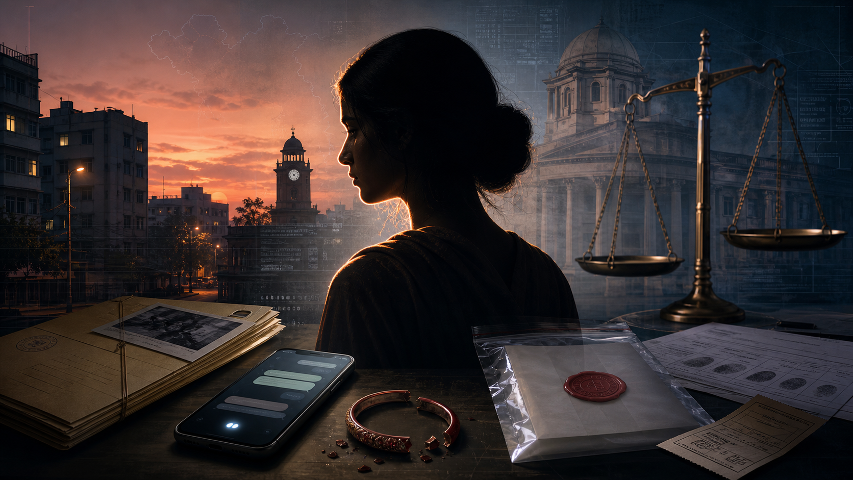 Anonymous woman silhouette with courthouse, justice scales and evidence symbols in a somber Rajkot women’s safety case illustration.