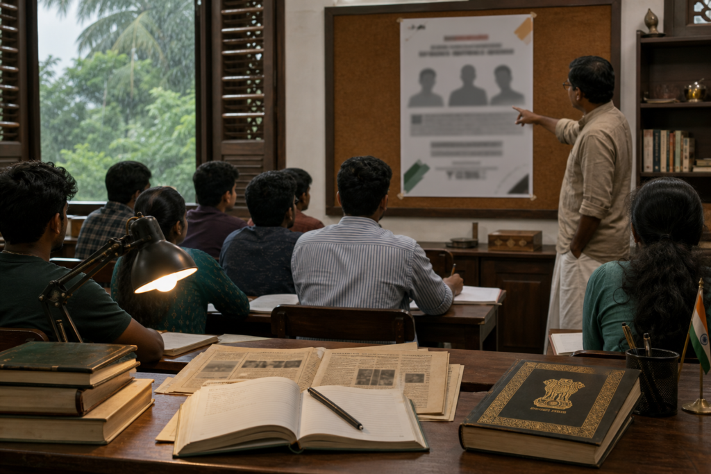 Kerala classroom discussion on civic education with students, an educator, and a blurred study-camp poster.