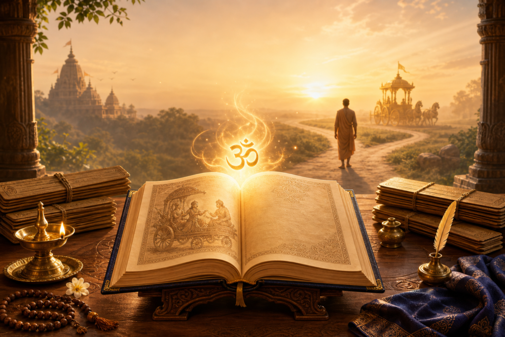 Open Bhagavad Gita with glowing Om symbol in a dawn-lit temple study