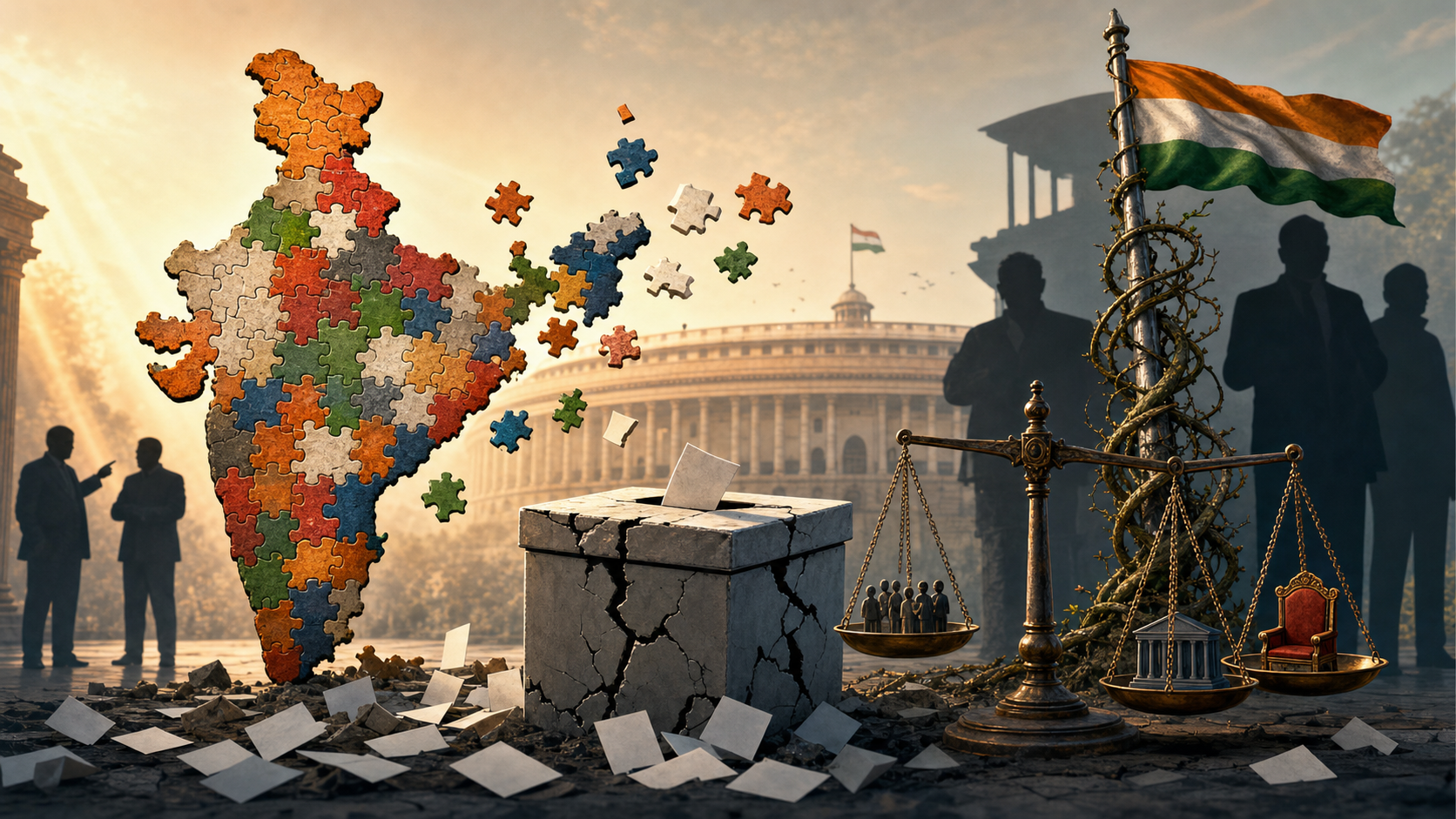 Symbolic Indian democracy scene with a cracked ballot box, India puzzle map, Parliament, flag, scales, and political silhouettes.
