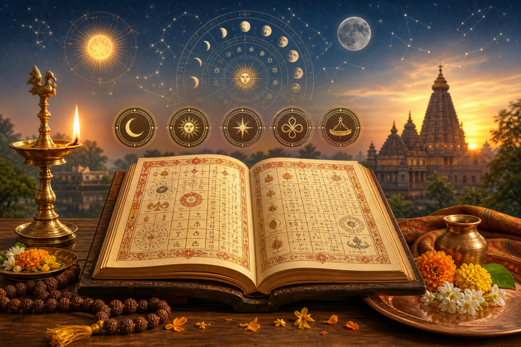 Open Hindu Panchangam almanac with brass oil lamp, flowers, temple, and celestial calendar symbols