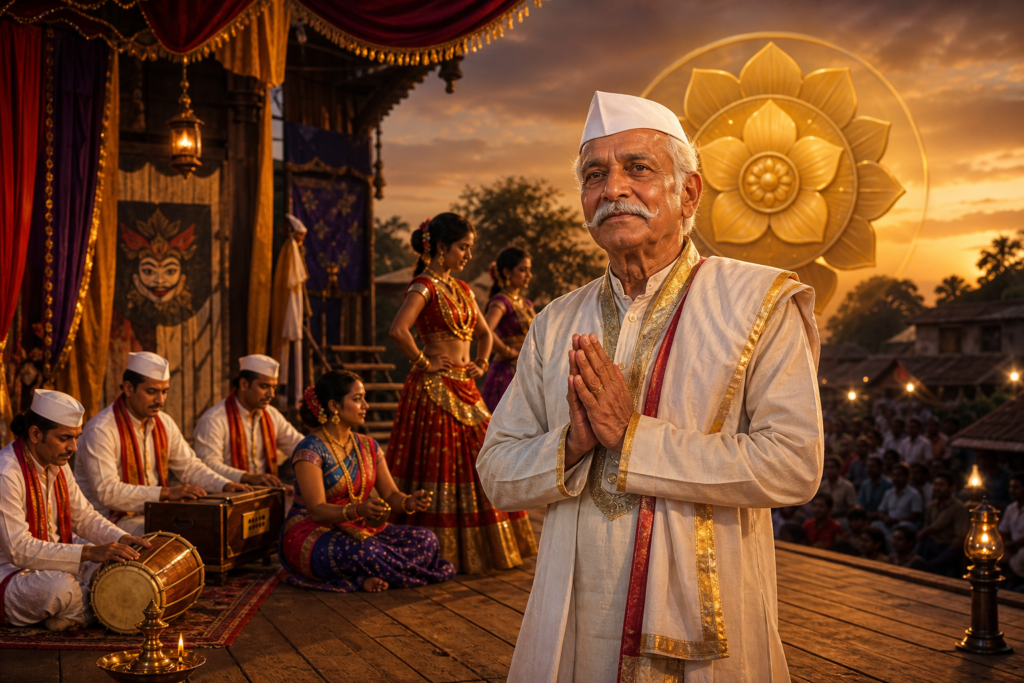 Elderly Maharashtrian Tamasha maestro on a village stage with musicians, dancers, oil lamps, and a golden lotus honor motif.