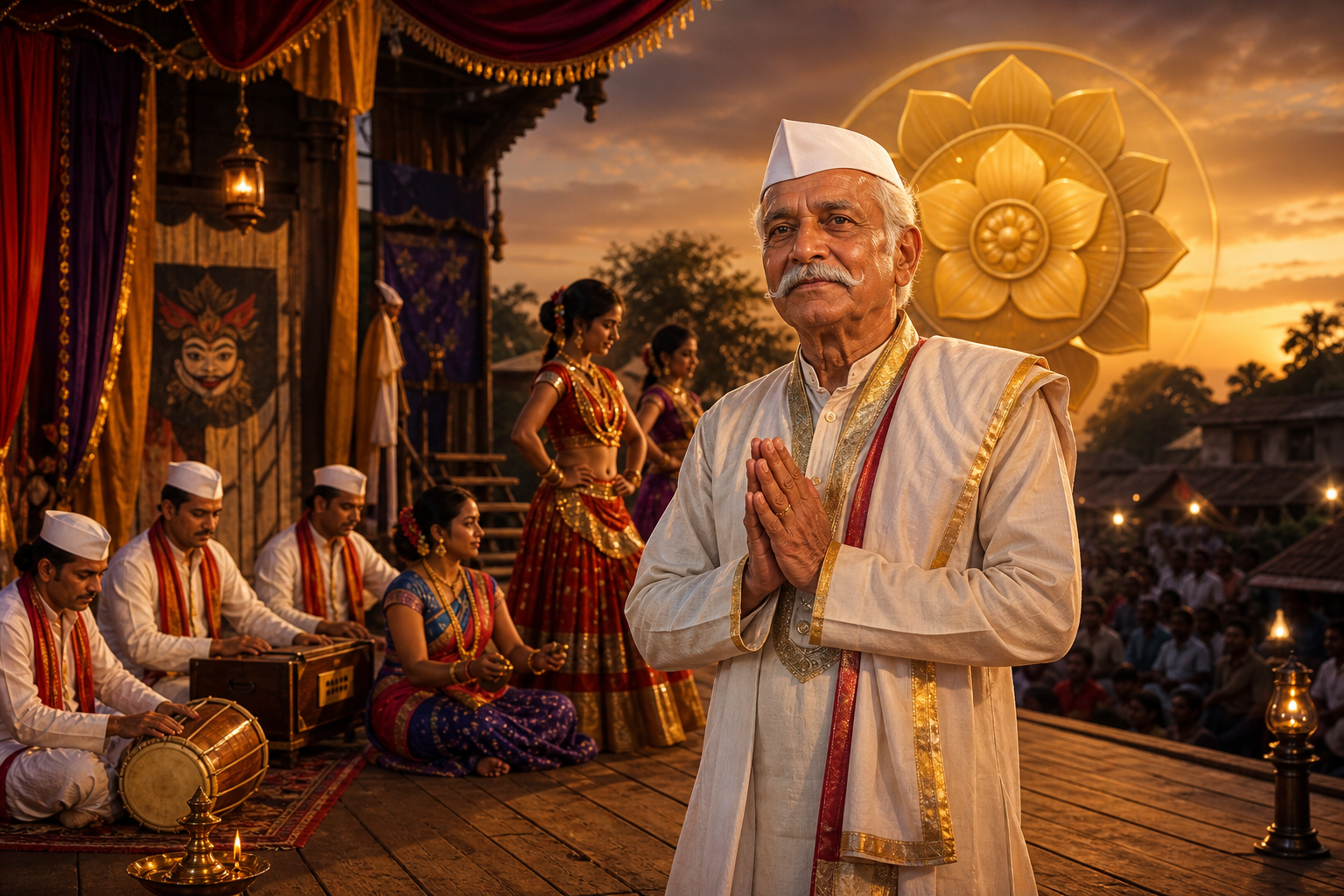 Elderly Maharashtrian Tamasha maestro on a village stage with musicians, dancers, oil lamps, and a golden lotus honor motif.