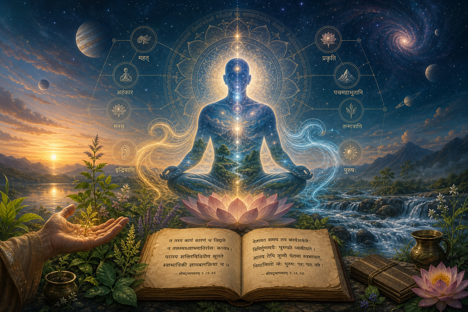 Luminous virat purusha meditating in a Vedic cosmology scene with lotus, Sanskrit scripture, herbs, water, planets, and sacred mandala diagrams.