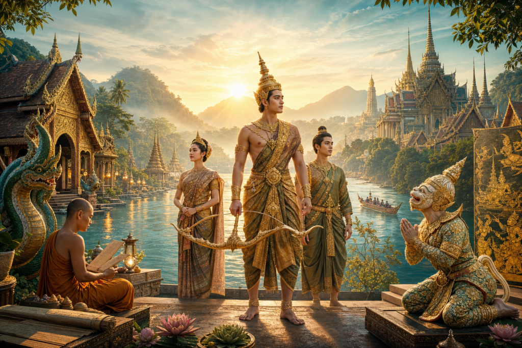 Rama-inspired prince beside the Mekong with Lao and Thai Ramayana temple traditions at sunrise