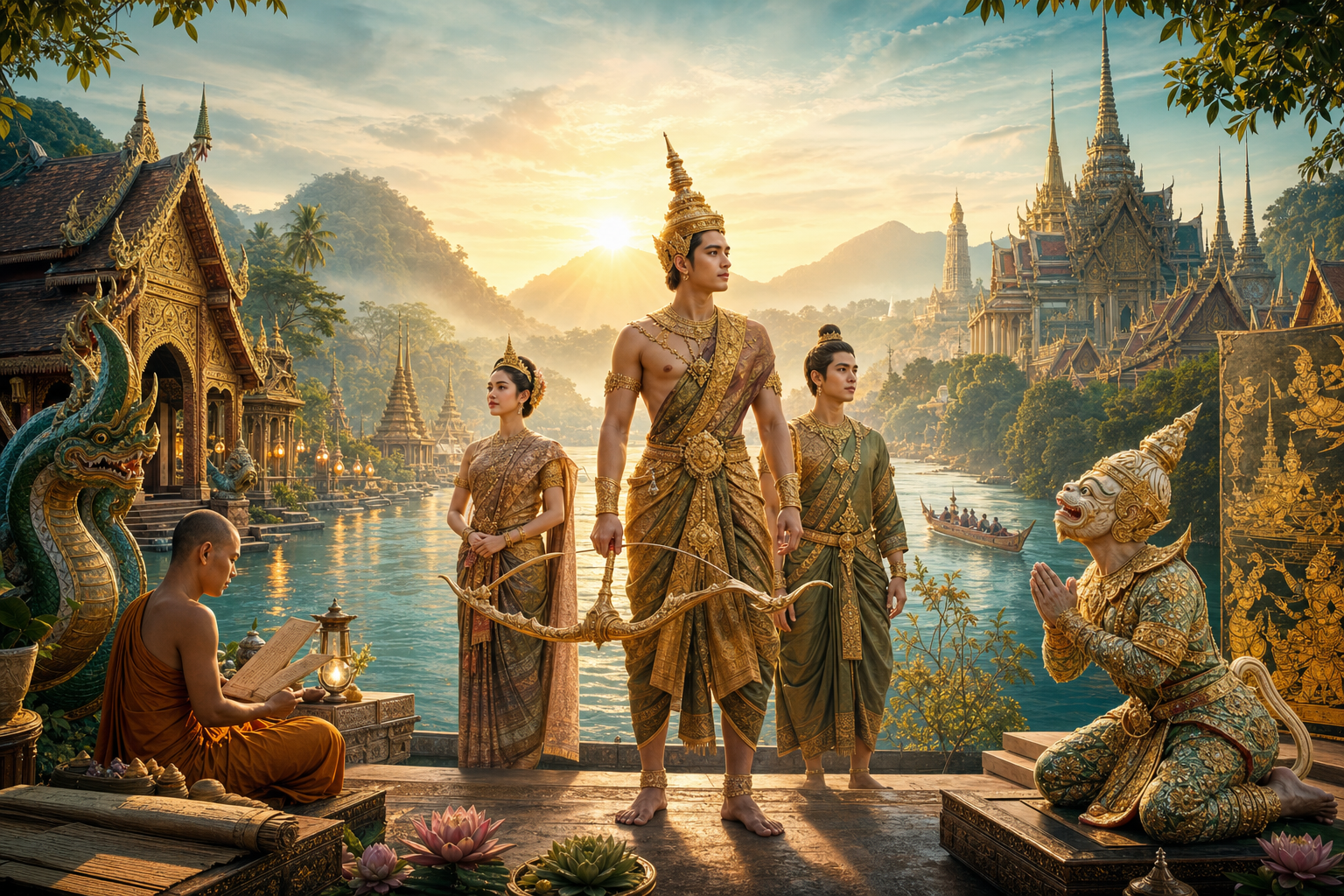 Rama-inspired prince beside the Mekong with Lao and Thai Ramayana temple traditions at sunrise