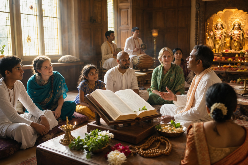 Vaishnava temple scripture study with teacher, open sacred book, and community gathering