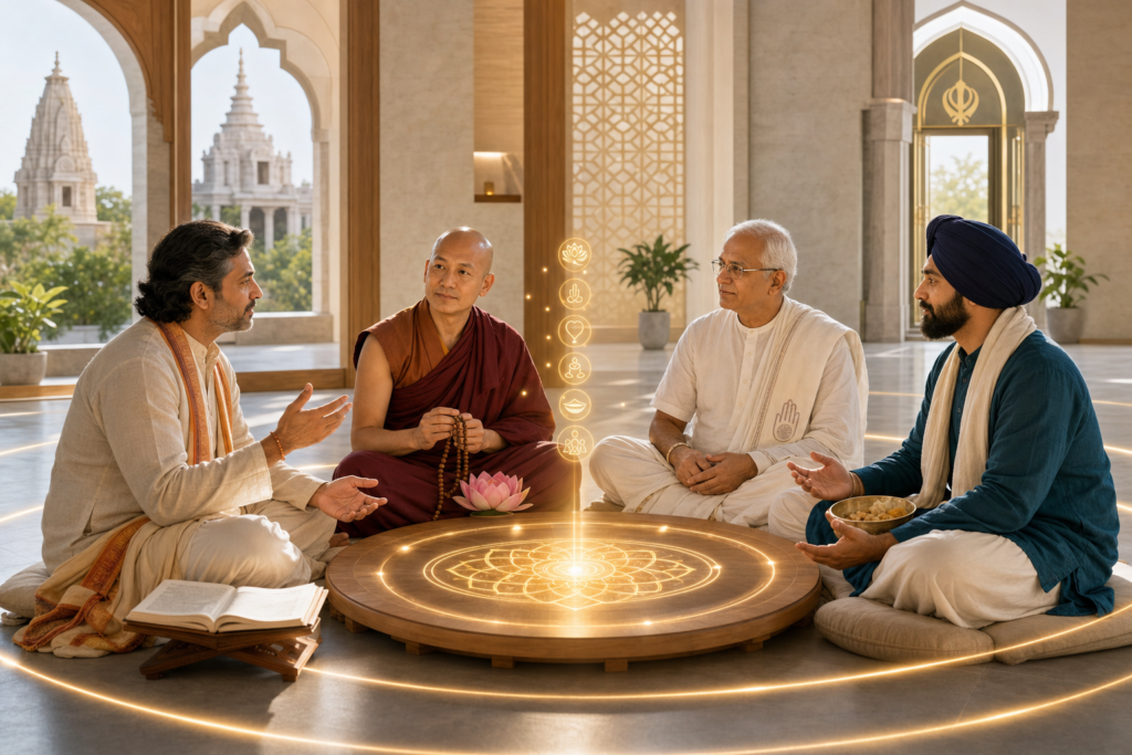 Interfaith Dharmic dialogue circle with Hindu, Buddhist, Jain and Sikh participants around a glowing mandala table.