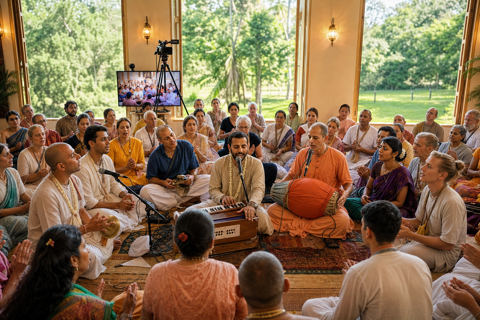 Hare Krishna congregation singing kirtan in a bright temple hall