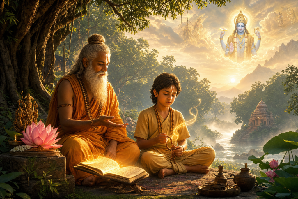 Dhruva Maharaja receives guru guidance while chanting japa in a forest hermitage with a vision of Lord Vishnu.