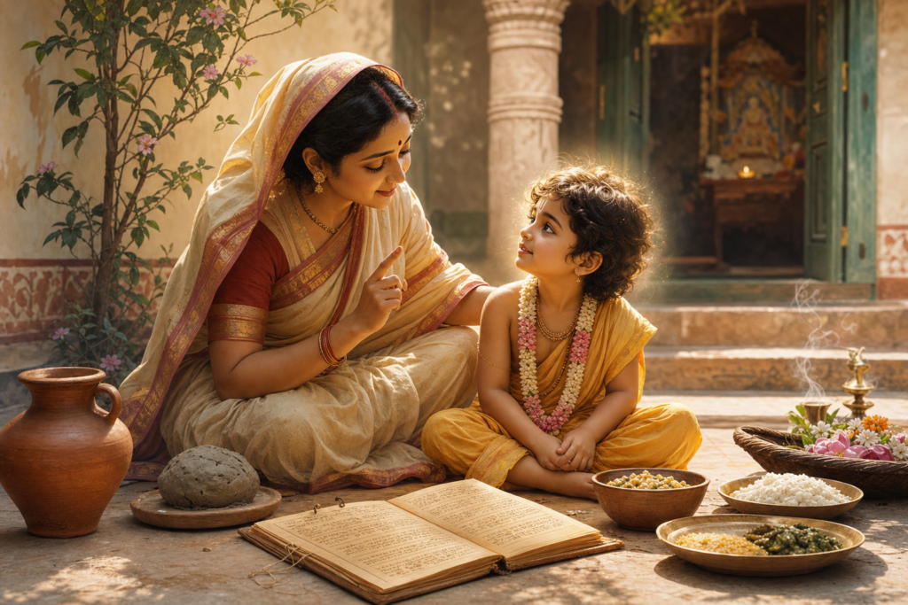 Bengali mother teaching a golden child in a devotional courtyard with scripture, clay, rice, and offerings