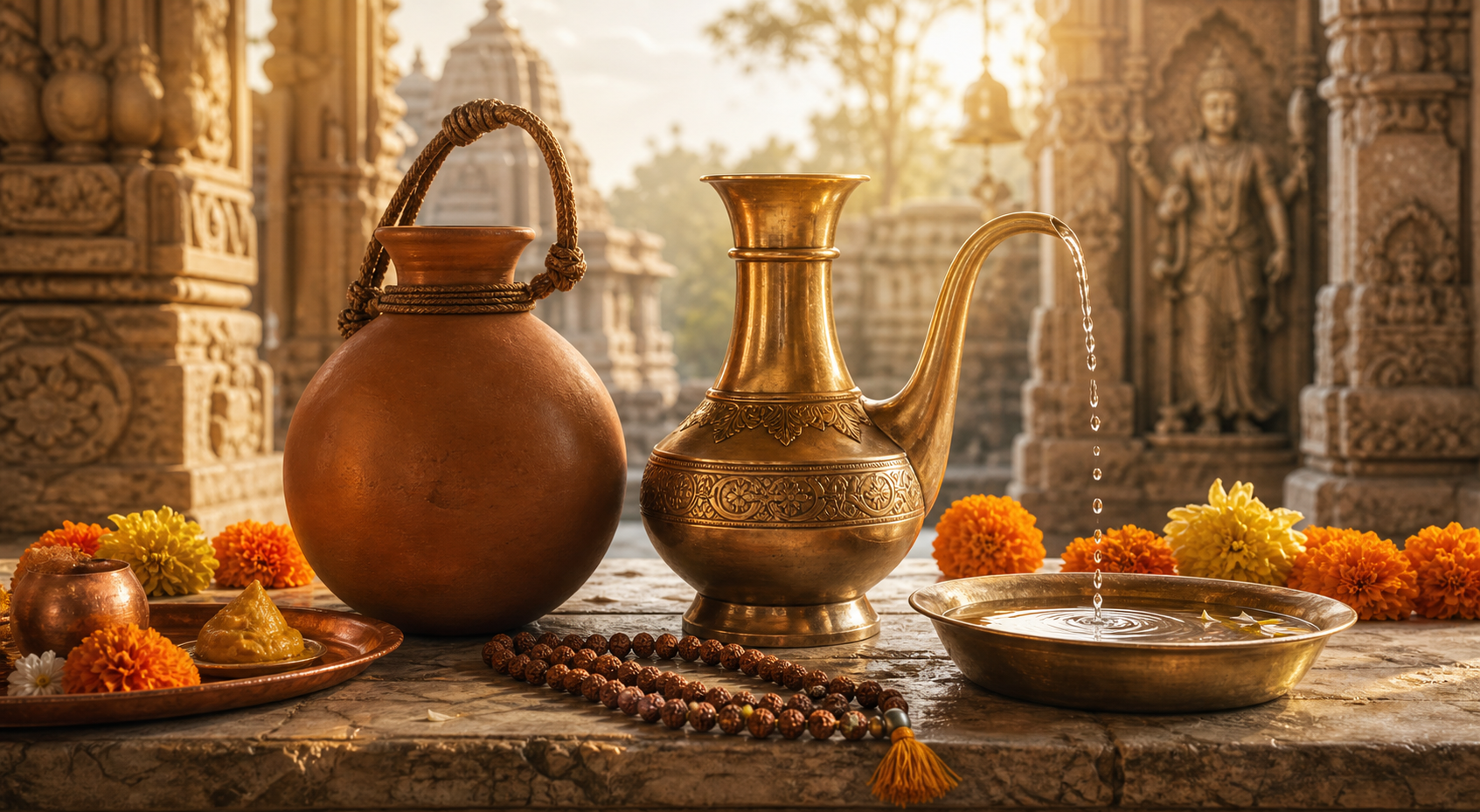 Kamandalu and bronze kundika water vessels on a Hindu temple altar