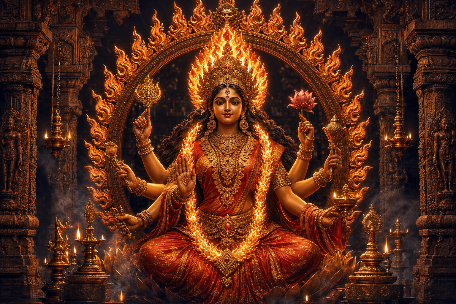 Jwalamalini Devi seated in a flaming aureole inside a temple sanctum