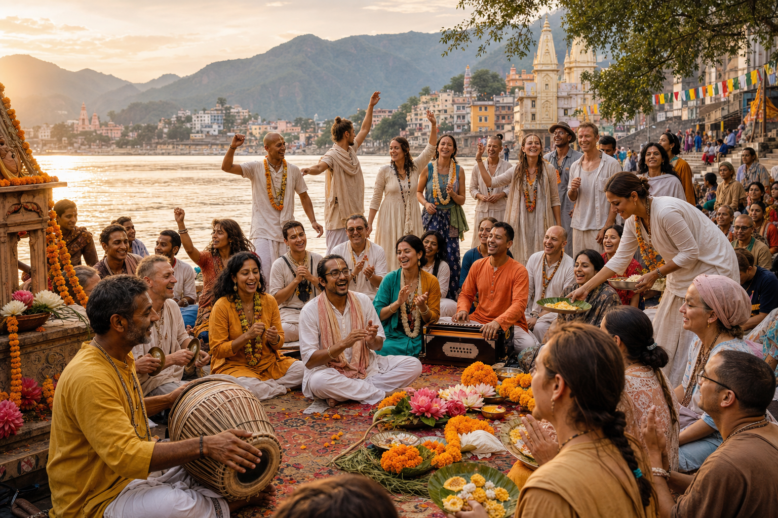 Joyful Rishikesh kirtan gathering beside the Ganges at golden hour