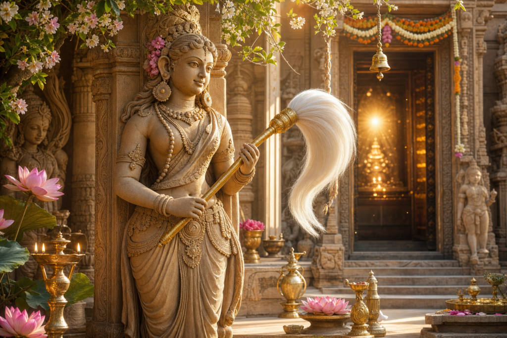 Yakshini guardian holding a white fly-whisk at a glowing Hindu temple threshold