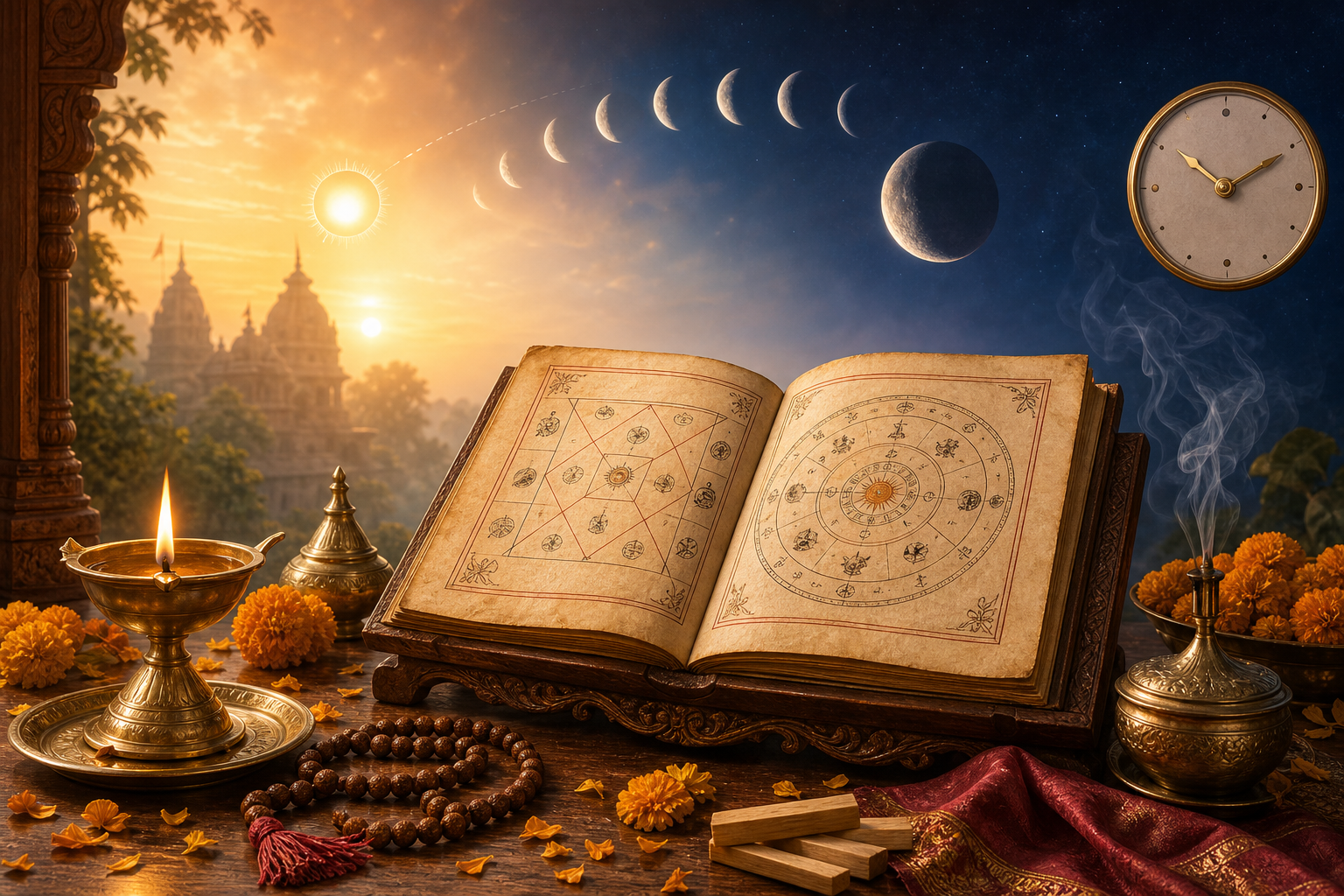 Hindu Panchang manuscript with diya, marigolds, lunar phases, rising sun, and temple silhouette for July 6, 2026