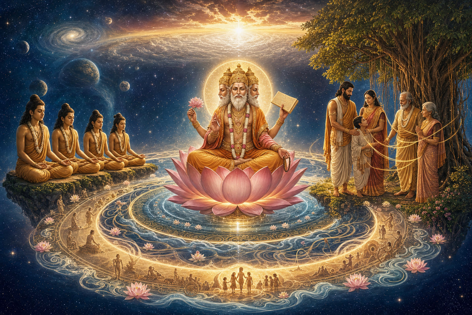 Brahma seated on a glowing lotus in a cosmic Hindu creation scene with meditating sages, a family, banyan tree, and wheel of samsara