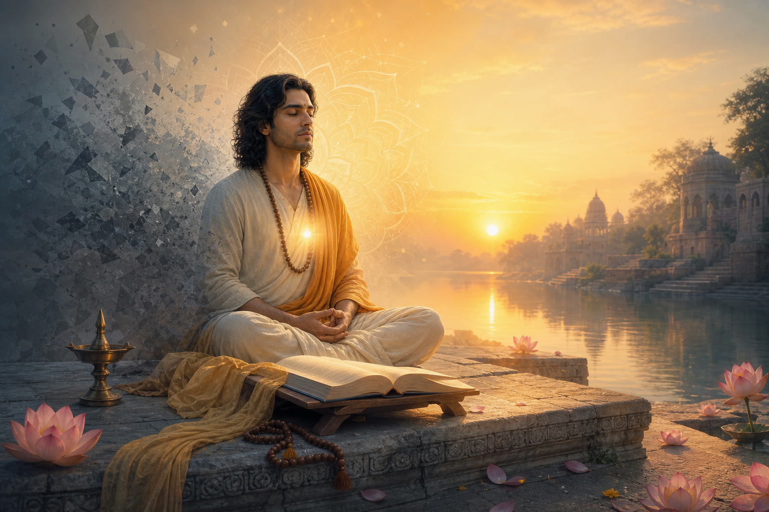 Serene person meditating beside an open scripture, oil lamp, lotus flowers and sunrise over a river.