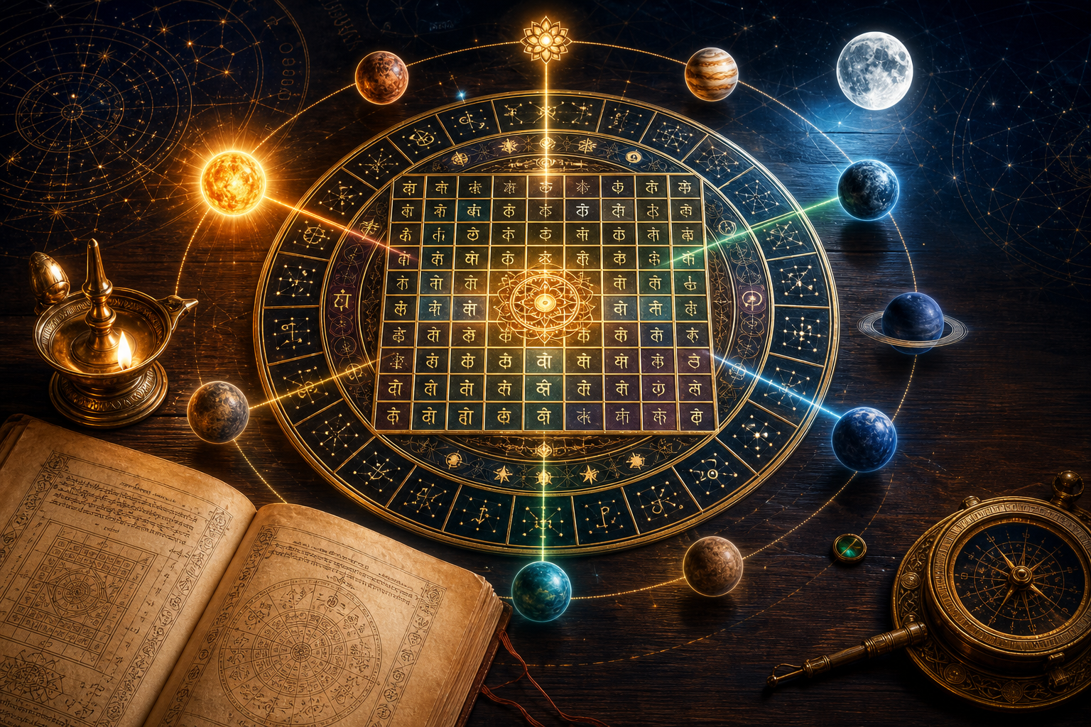 Luminous Vedic astrology Sarvatobhadra Chakra chart with planets, oil lamp, and manuscript
