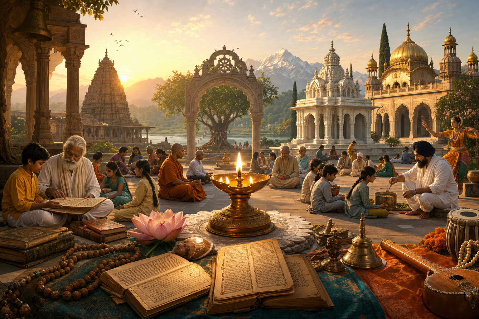 Dharmic heritage scene with brass oil lamp, manuscripts, lotus, temples, and community at sunrise