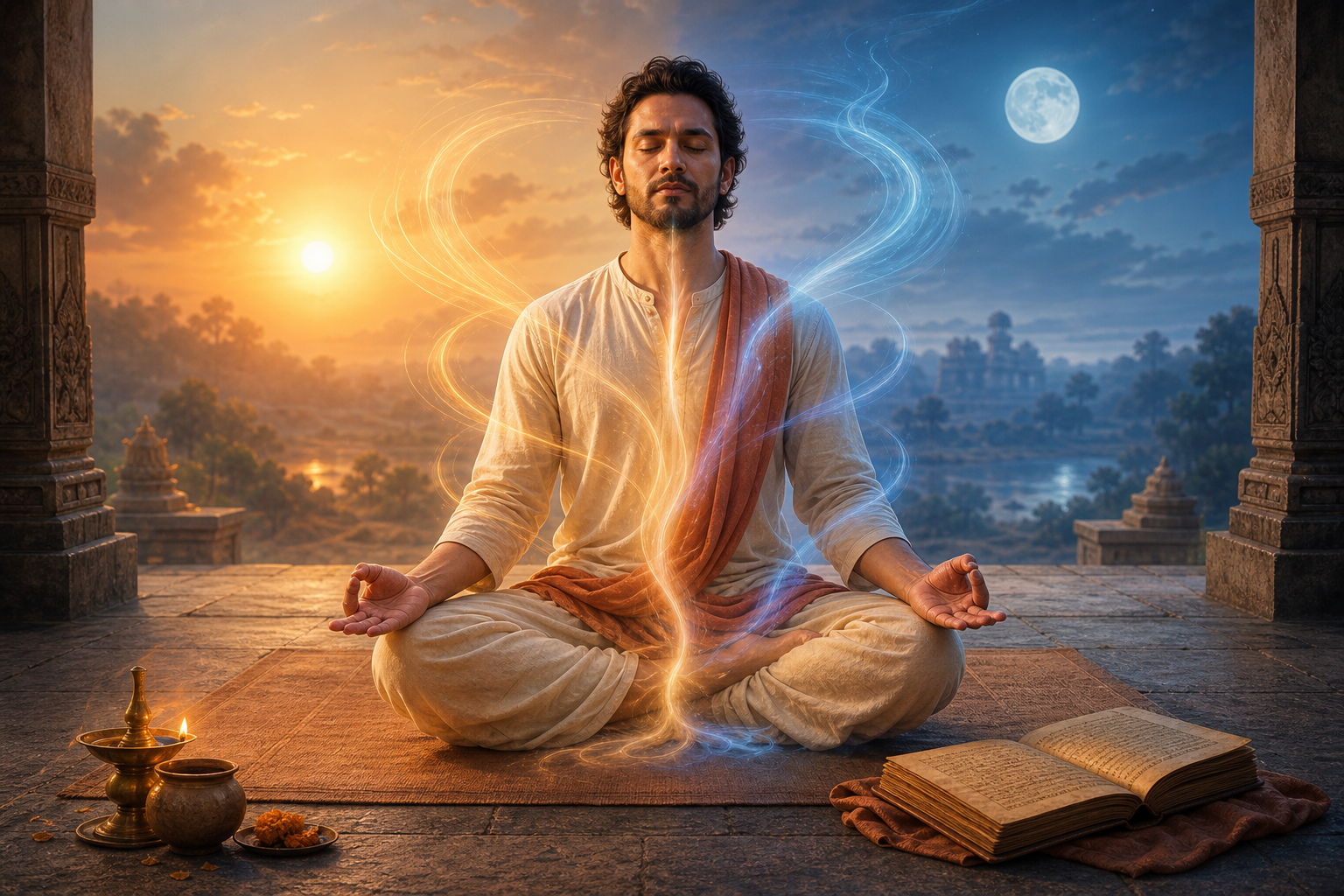 Yoga practitioner meditating in Hatha pose with sun, moon, and flowing breath energy