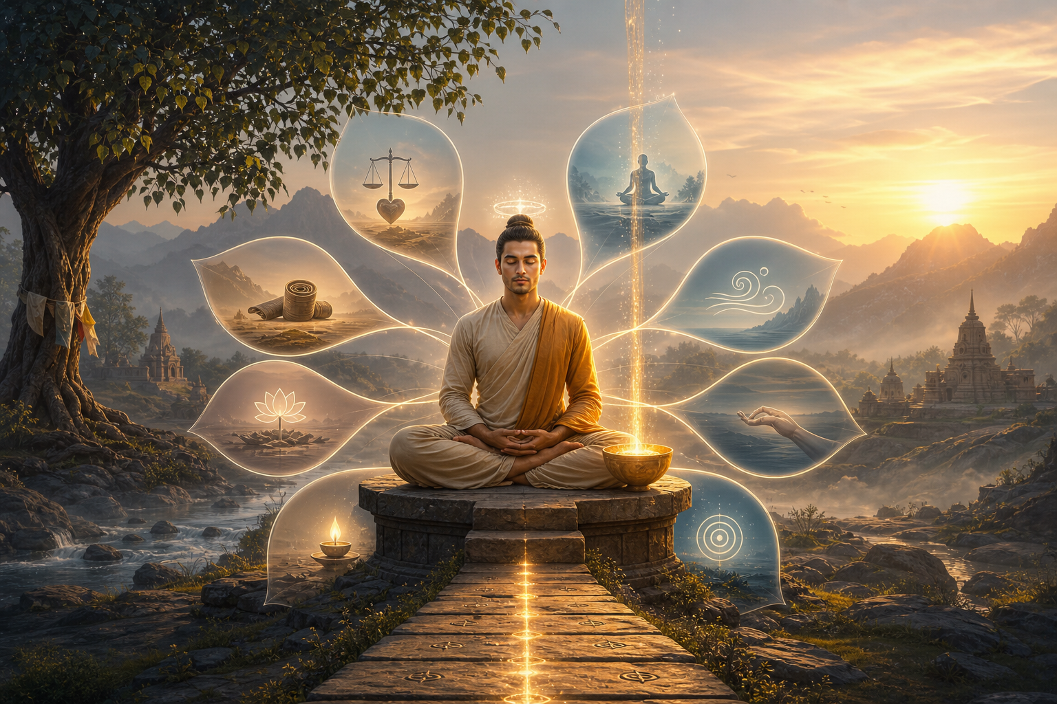 Serene Raj Yoga meditator with luminous lotus pathways at sunrise