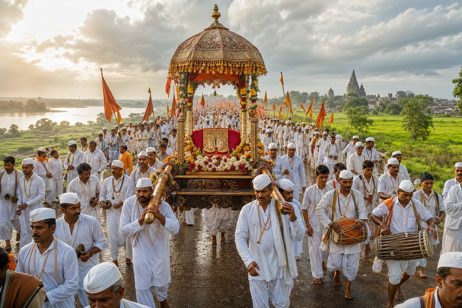 Sant Eknath Maharaj Palkhi Wari procession with Varkari pilgrims carrying a decorated palkhi through monsoon fields.