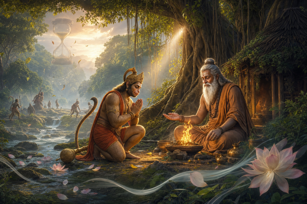 Hanuman bows before Sage Kandu beside a forest hermitage in a reflective Ramayana scene.