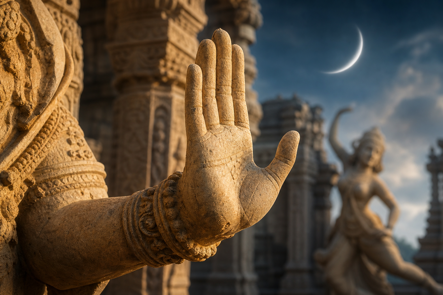 Ancient Indian temple sculpture hand forming Ardha Chandra Mudra beneath a crescent moon