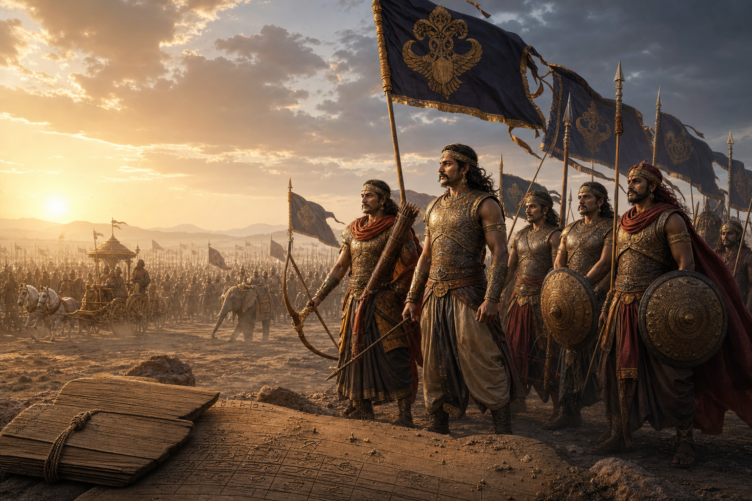 Abhishaha warriors of the Kaurava host standing under dark banners at dawn on Kurukshetra battlefield