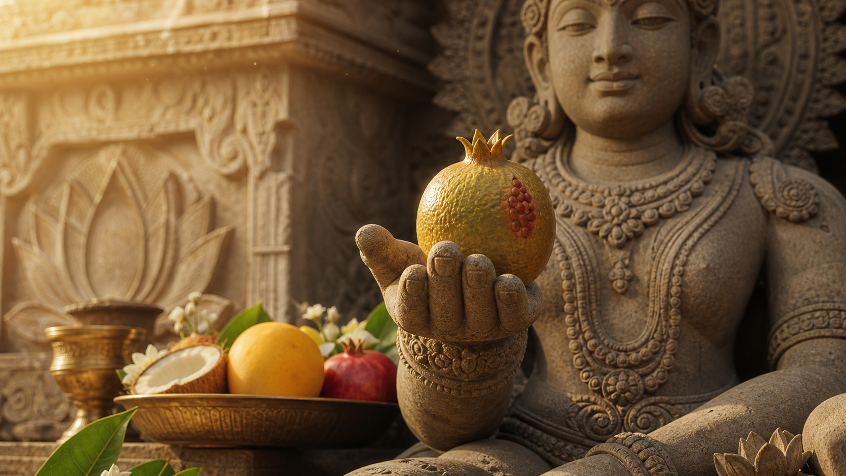 Carved Hindu deity hand holding a symbolic ripe fruit in warm temple light