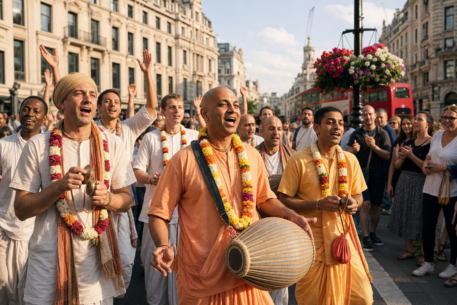 Hare Krishna devotees lead a joyful Vaishnava kirtan procession on a historic London street.