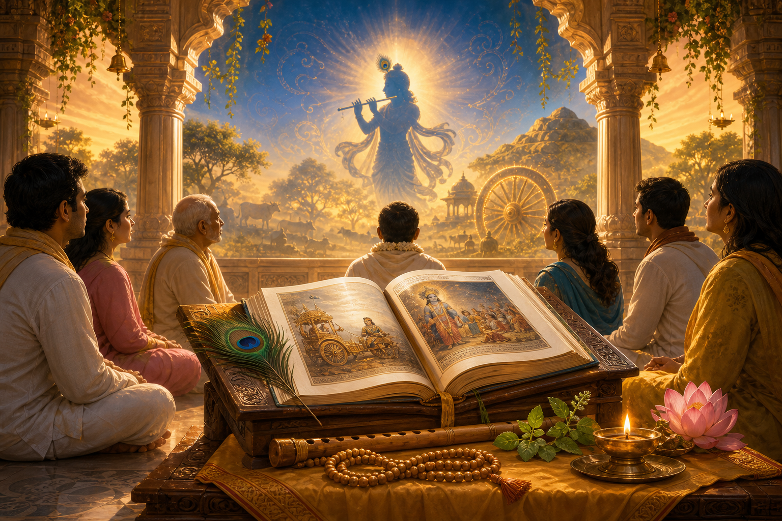 Devotees listen to Krishna Katha beside open sacred scriptures in a sunlit temple.