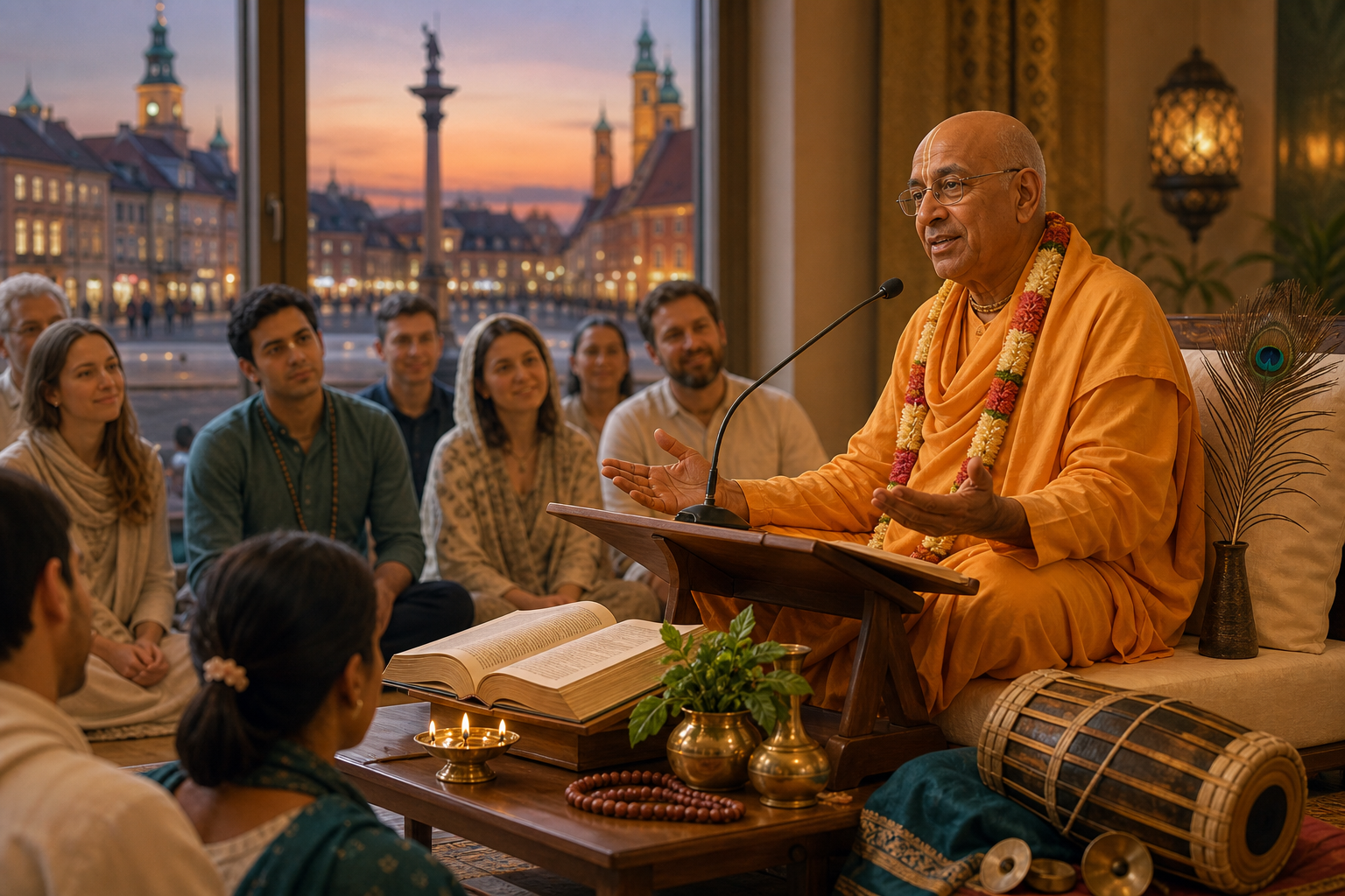 Senior Vaishnava monk giving a spiritual lecture to devotees in a warm Warsaw temple hall.