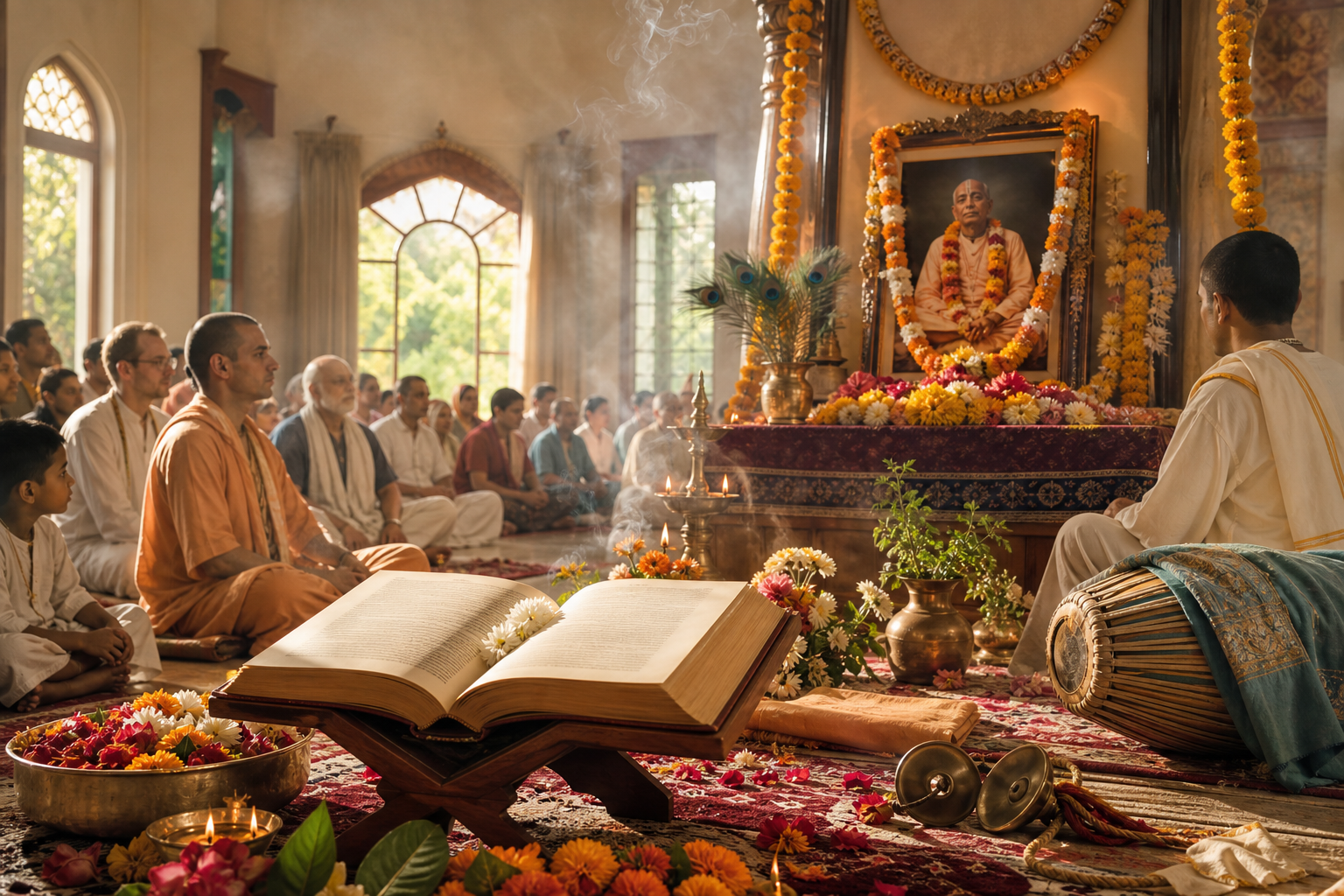Gaudiya Vaishnava devotees gather for guru-puja with Srimad Bhagavatam, flowers, lamps, and kirtan instruments in a sunlit temple.