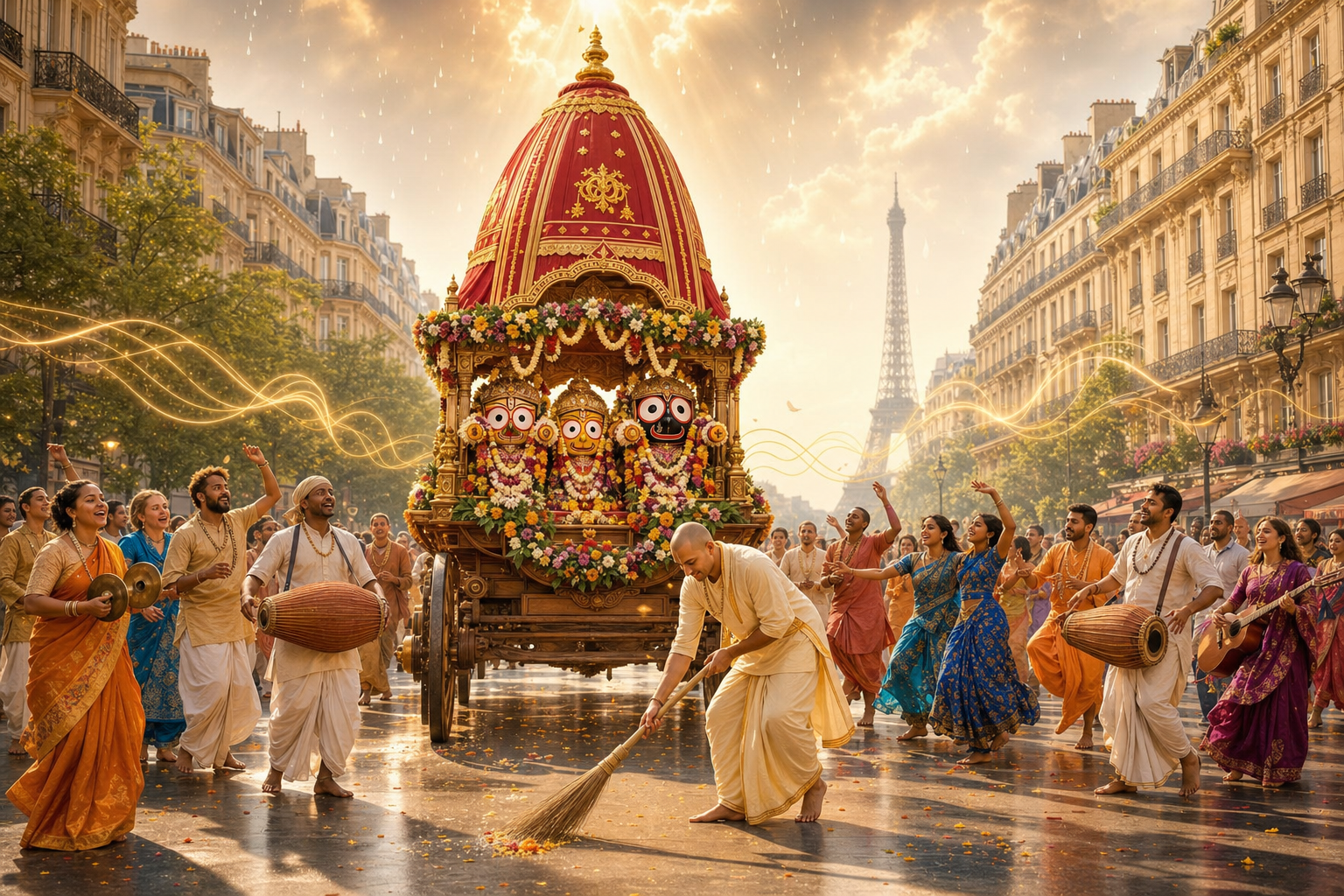 Ratha Yatra chariot procession in Paris with Jagannath deities, kirtan devotees, and Eiffel Tower in the distance