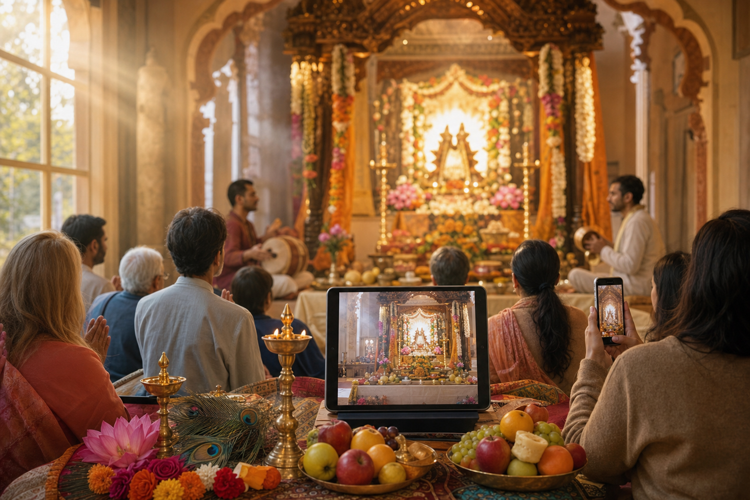 Devotees watch a live-streamed Vaishnava temple altar during digital darshan.