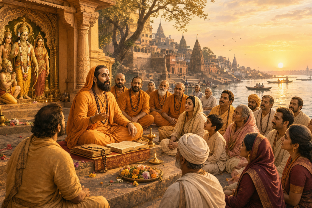 Ramanandi Sampradaya teacher leading Hindu devotees in bhakti beside the Ganga at sunrise