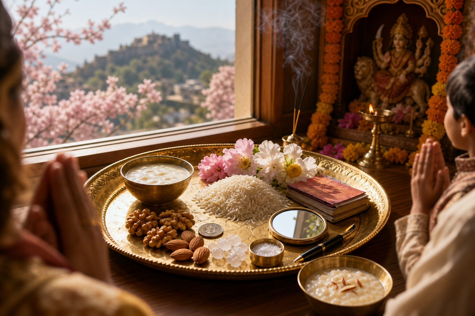 Kashmiri Pandit Navreh ritual thaal with rice, curd, flowers, diya and family prayers by a sunlit Kashmir window