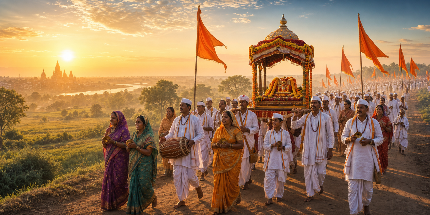 Sant Namdev Maharaj Palkhi Sohala procession with Varkari devotees, saffron flags and a flower-decorated palkhi at sunrise