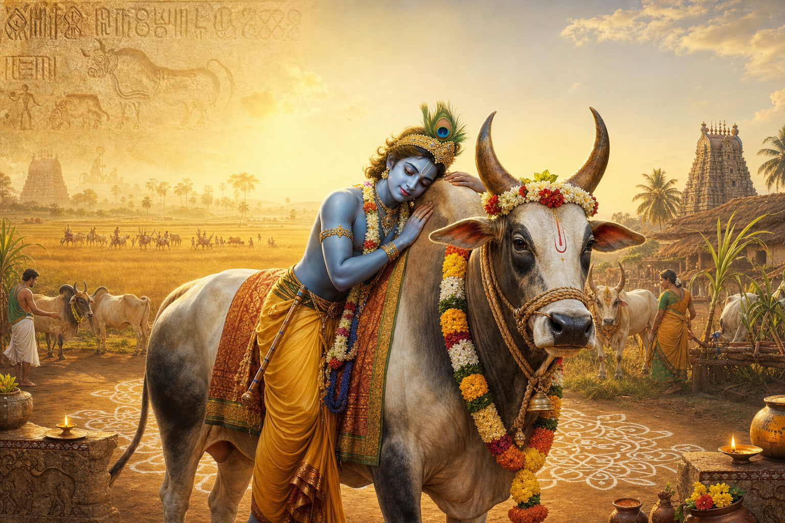 Lord Krishna embracing a decorated Indian bull in a Tamil Nadu Mattu Pongal village scene