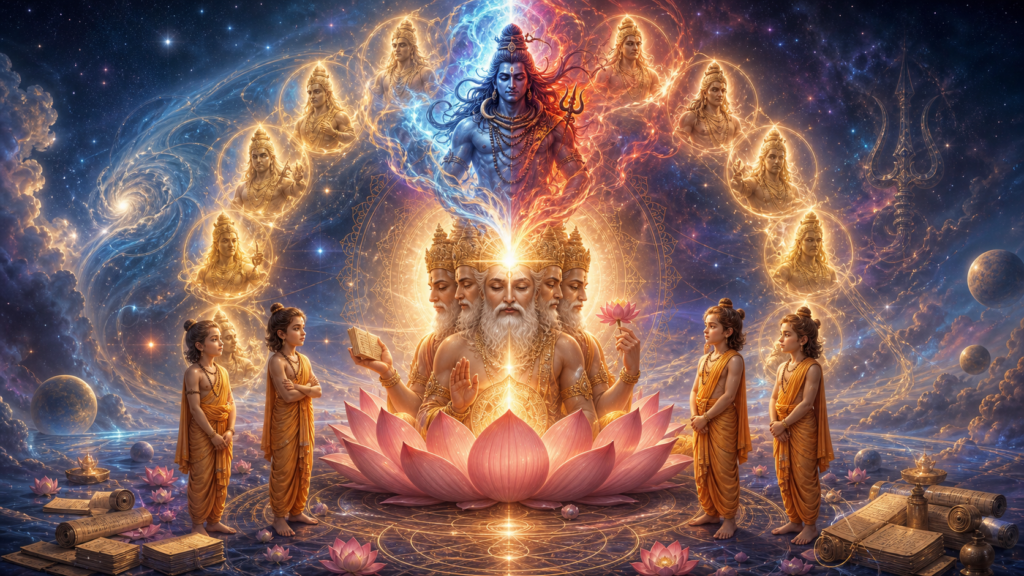 Cosmic Hindu illustration of Brahma on a lotus as Rudra emerges, with the Sanat Kumaras and eleven luminous Rudra forms.