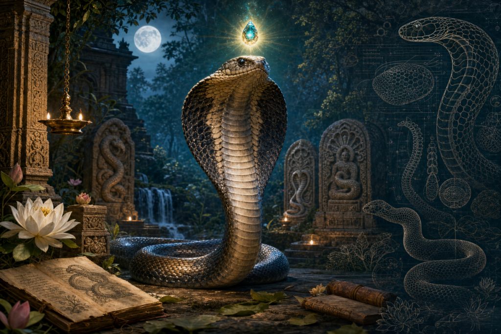 Majestic naga cobra with a glowing jewel in a moonlit Indian temple forest