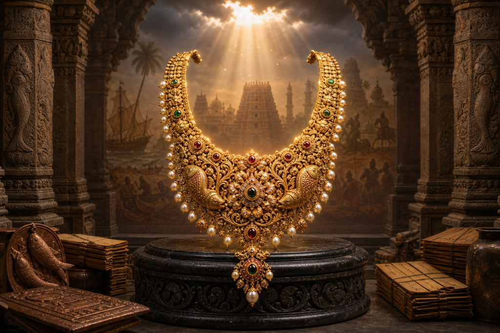 Indra Haram golden South Indian necklace on a temple pedestal