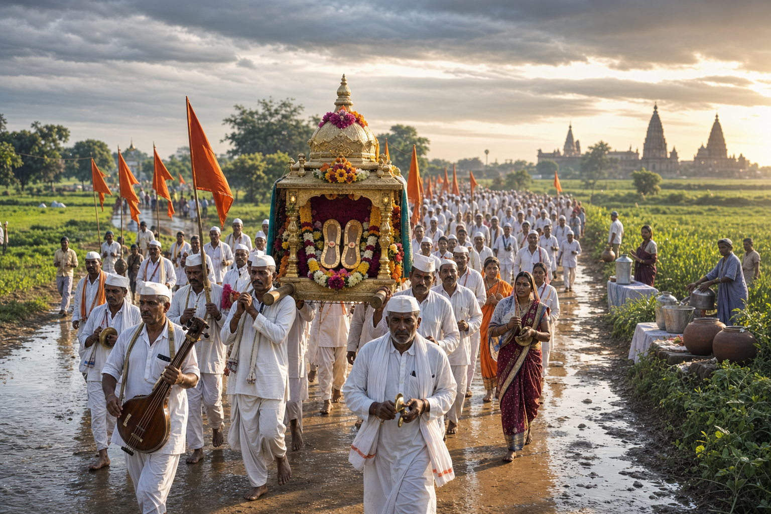 Sant Janabai Palkhi procession with Varkari pilgrims carrying paduka, saffron flags, and instruments on a rural Maharashtra road.