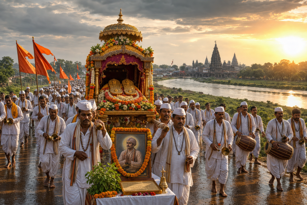 Sant Chokhamela Palkhi procession during Ashadhi Wari near Pandharpur at dawn