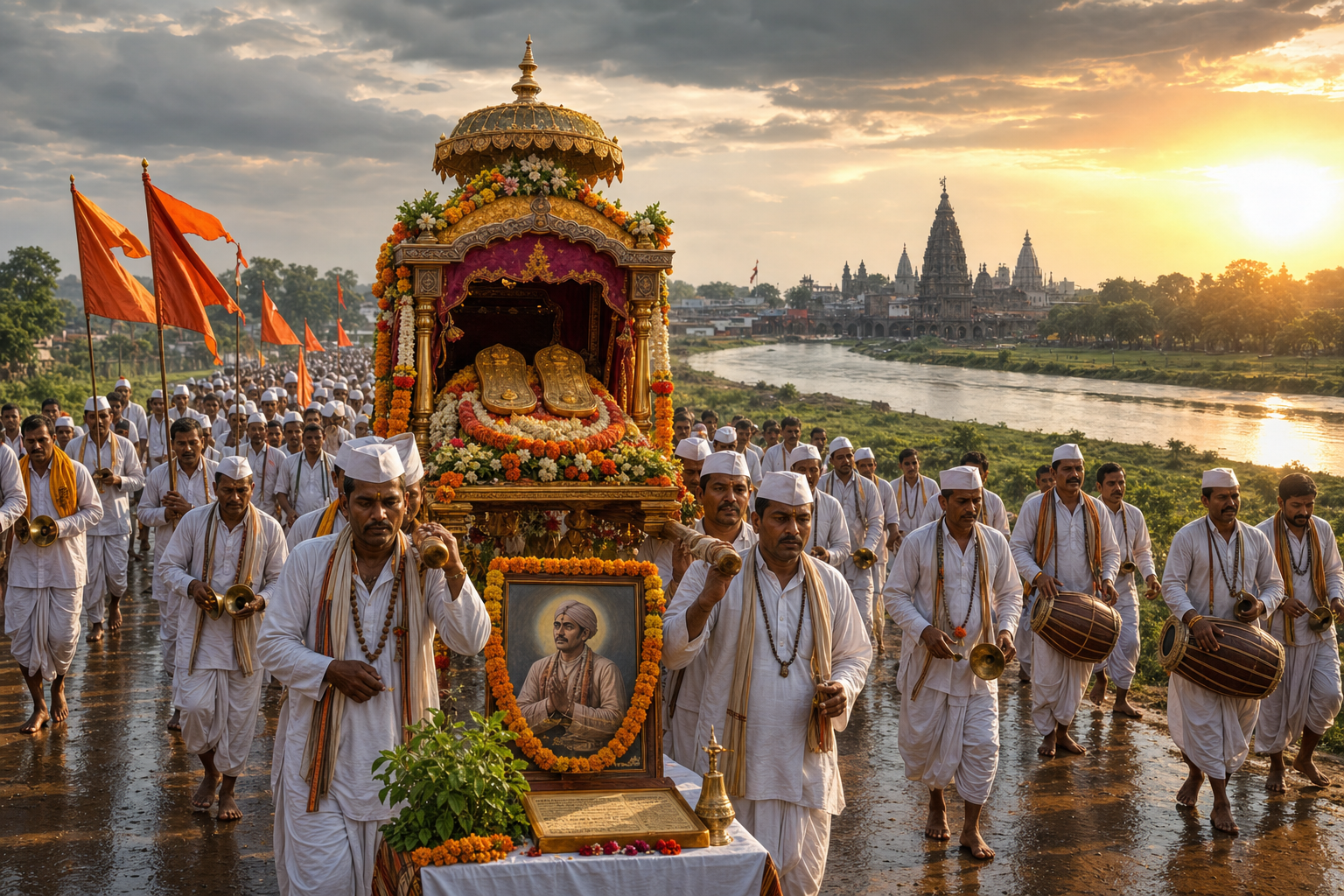 Sant Chokhamela Palkhi procession during Ashadhi Wari near Pandharpur at dawn