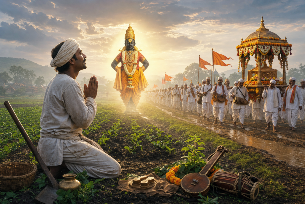 Sant Savata Mali prays in a monsoon field as Lord Vitthal and a Varkari Palkhi procession approach during Ashadhi Wari in Maharashtra.